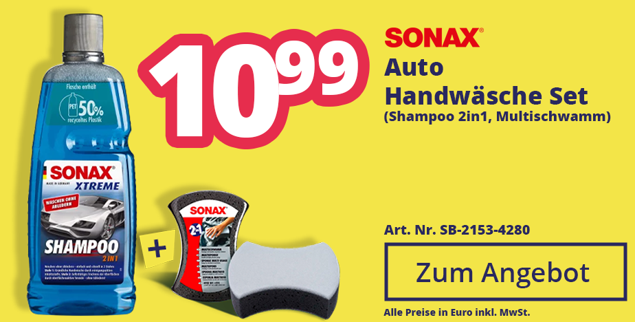 Zum Angebot SONAX Auto Handwäsche Set (Shampoo 2in1, Multischwamm) für 10,99 EURO