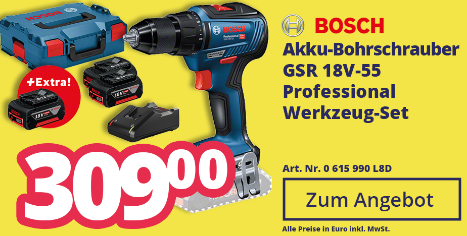 Zum Angebot Bosch 0 615 990 L8D Akku-Bohrschrauber GSR 18V-55 Professional Werkzeug-Set für 309,00 EURO
